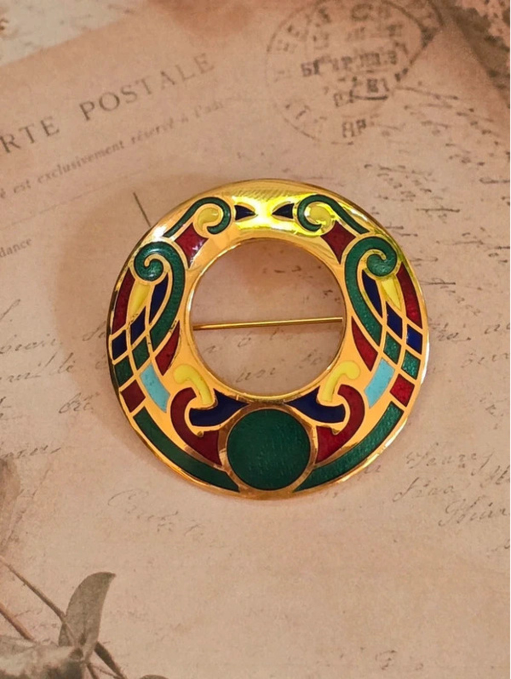 Vintage Enamel Celtic-Style Circle Brooch, Gold Tone